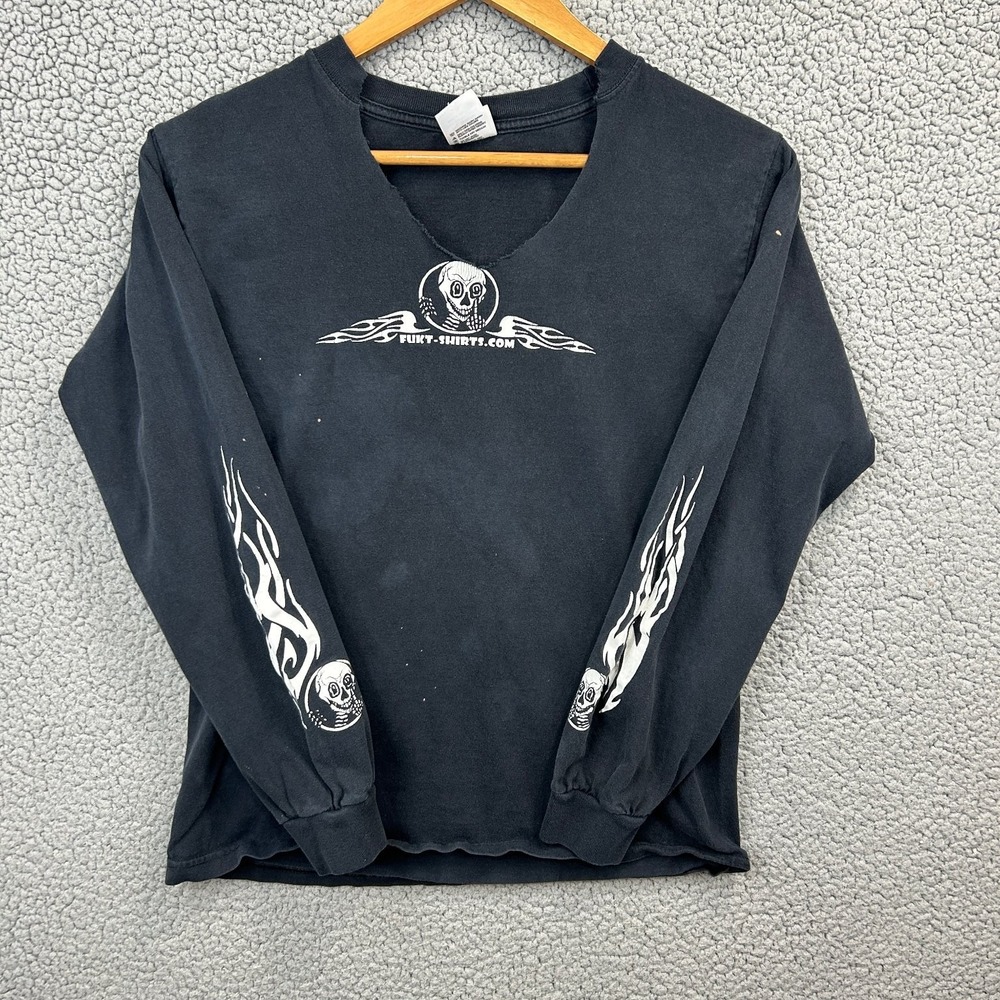 Fukt Shirts‎ Long Sleeve T-Shirt Men's Black S 100% Cotton Skull Flames Sleeves
